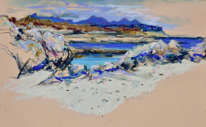 Glenuig Inn Glenuig beach Smirisary, rocks sandy beach Highlands Seascape shoreline reflection on the water original artwork soft pastels Unison pastels Schminke pastels