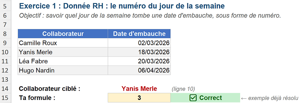 Capture d’un tableur: exercice RH avec tableau des collaborateurs et dates d’embauche; Yanis Merle ciblé, formule 3 validée.