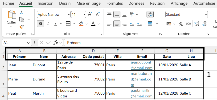 Liste de diffusion Excel préparée pour un publipostage Word, avec colonnes Prénom, Nom et Email