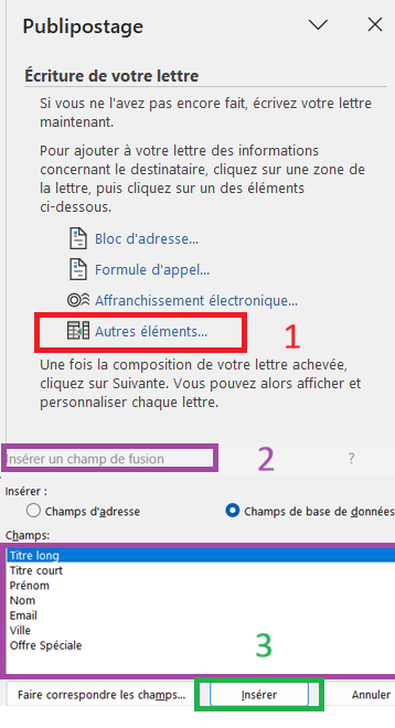 Insérer un champ de fusion dans la lettre de publipostage
Alt : Insérer un champ de fusion dans la lettre de publipostage Word
