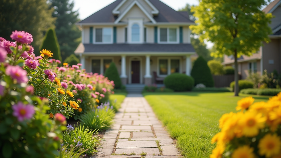 Eye-level view of a beautifully landscaped front yard with vibrant flowers