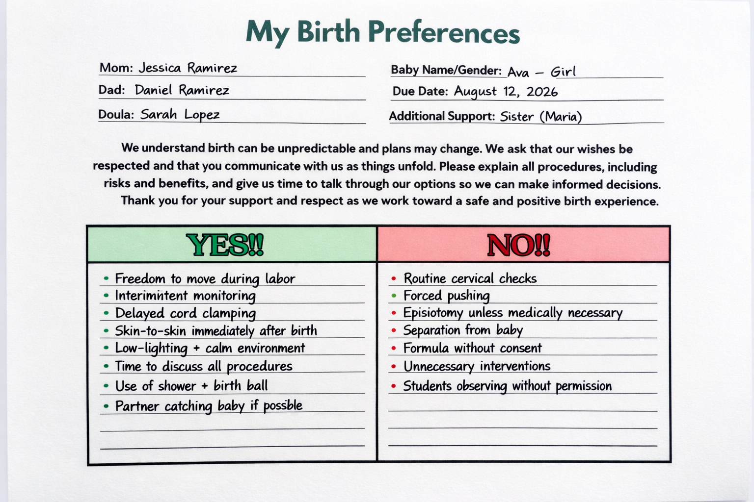 Printable Birth Preferences Sheet