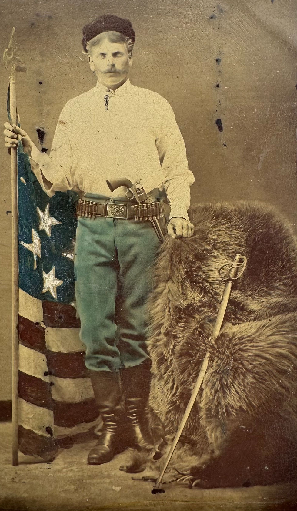 Thumbnail: Museum Grade Wild West Tintype of Armed Indian Wars Soldier with American Flag