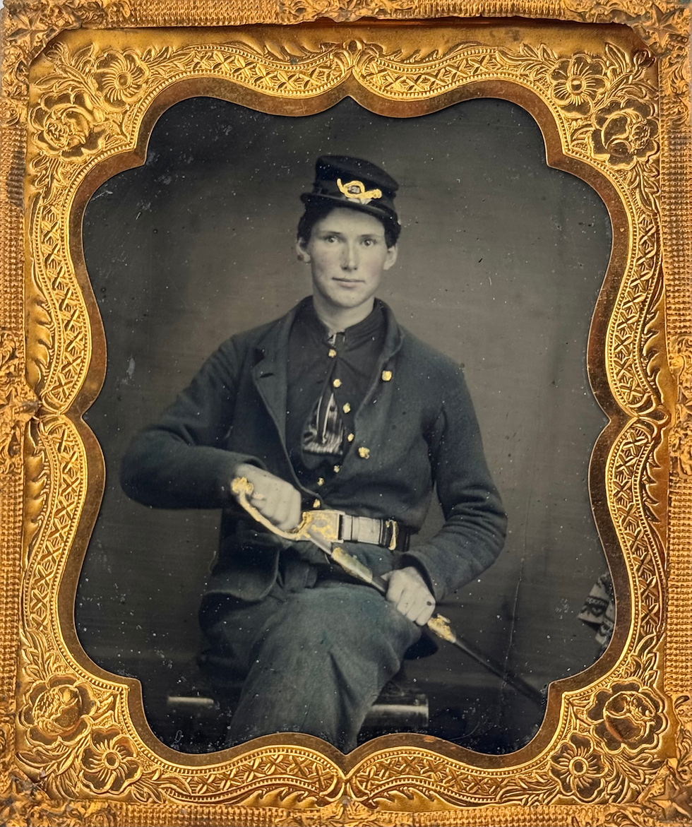1/6th Plate Tintype of Seated Federal Infantry Soldier drawing Sword