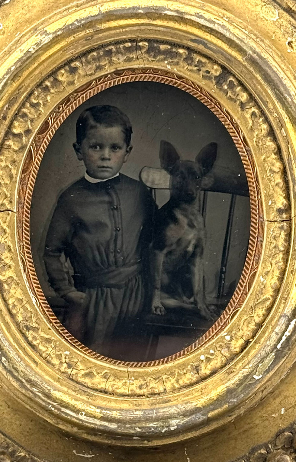 Thumbnail: 1/6th Plate Tintype of a Child with His Puppy Dog in a Ornate Frame