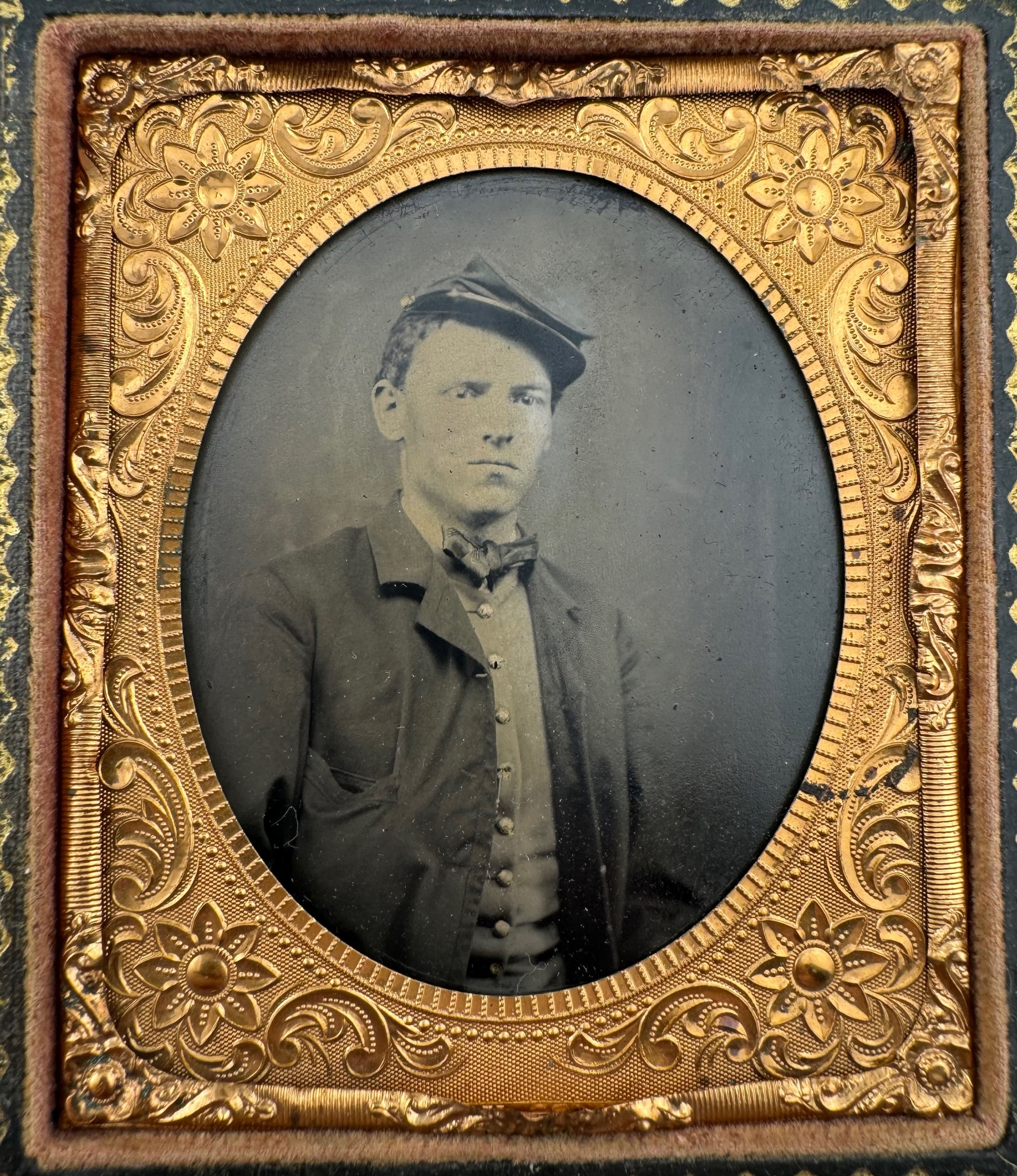 1/6th Plate Tintype of a Federal Soldier with Locket of his Hair!