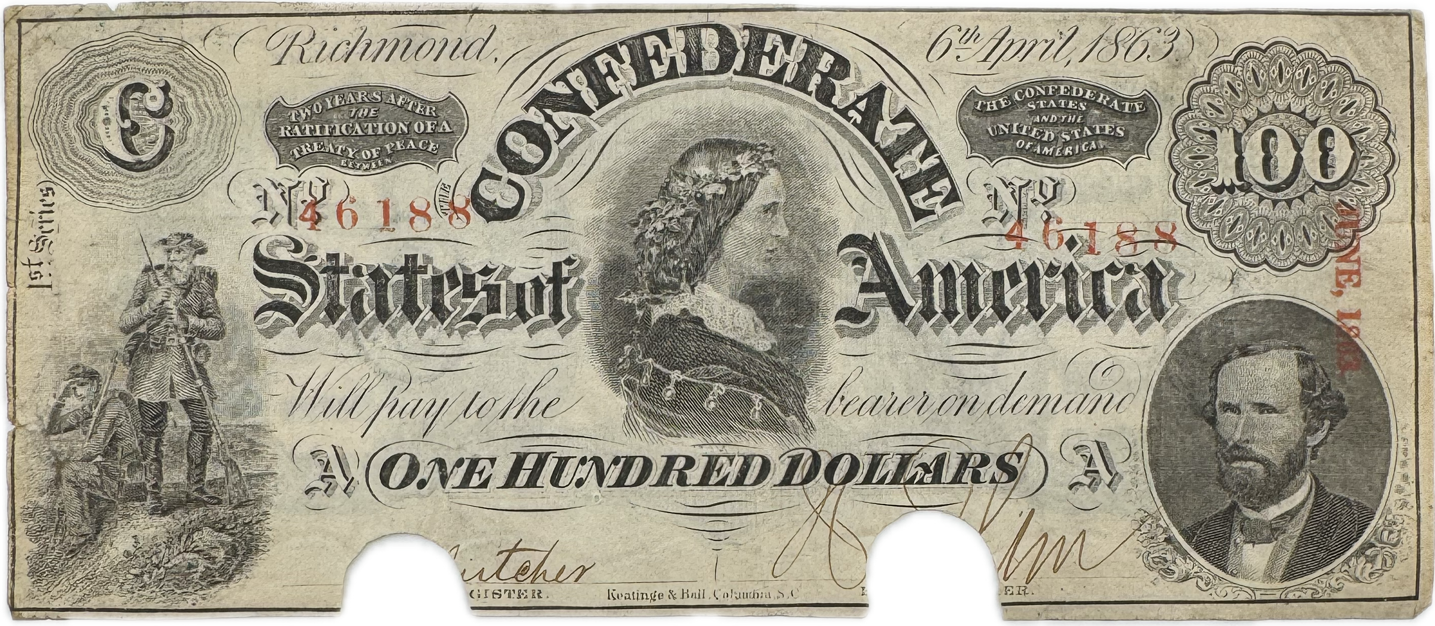 Fine: 1st Series Hundred Dollar Cancelled Confederate Note T-56