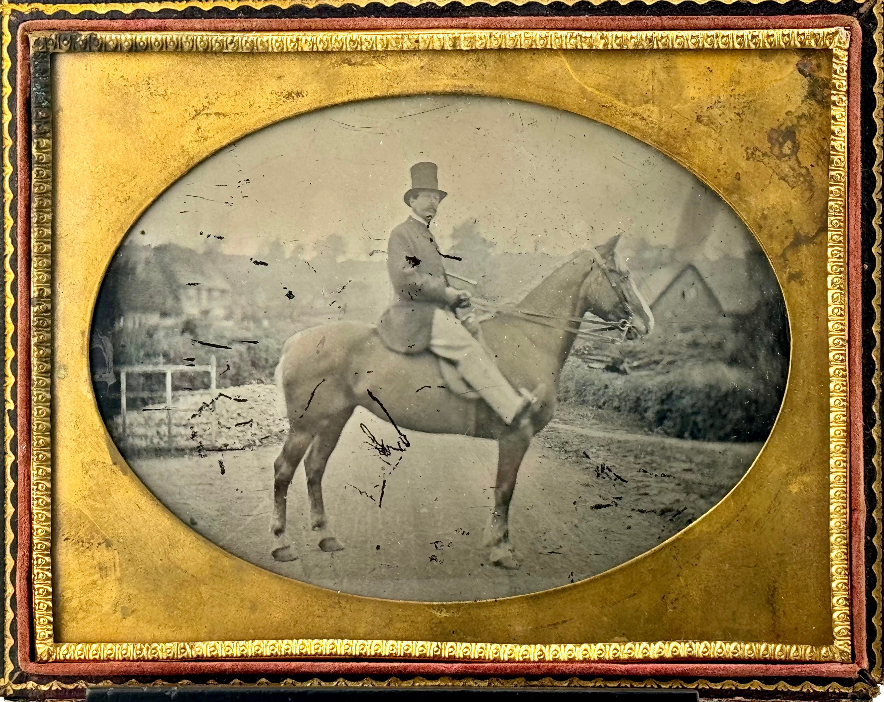Large 1/2 Plate Ambrotype Confident Gentleman on his Horse with Town Behind
