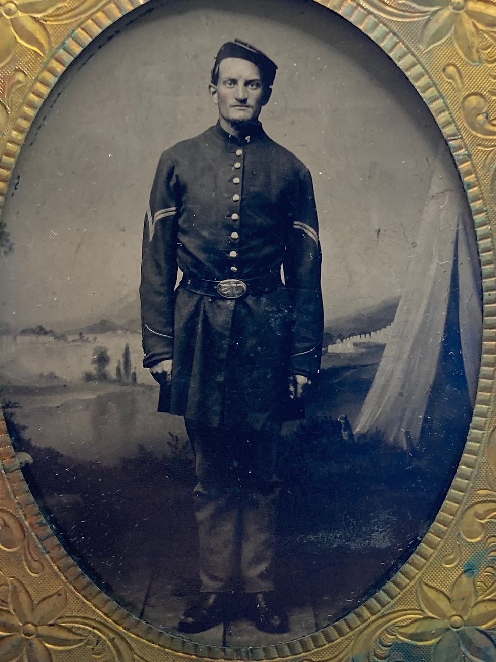 Thumbnail: 1/4 plate tintype of a Federal Soldier with a camp scene backdrop