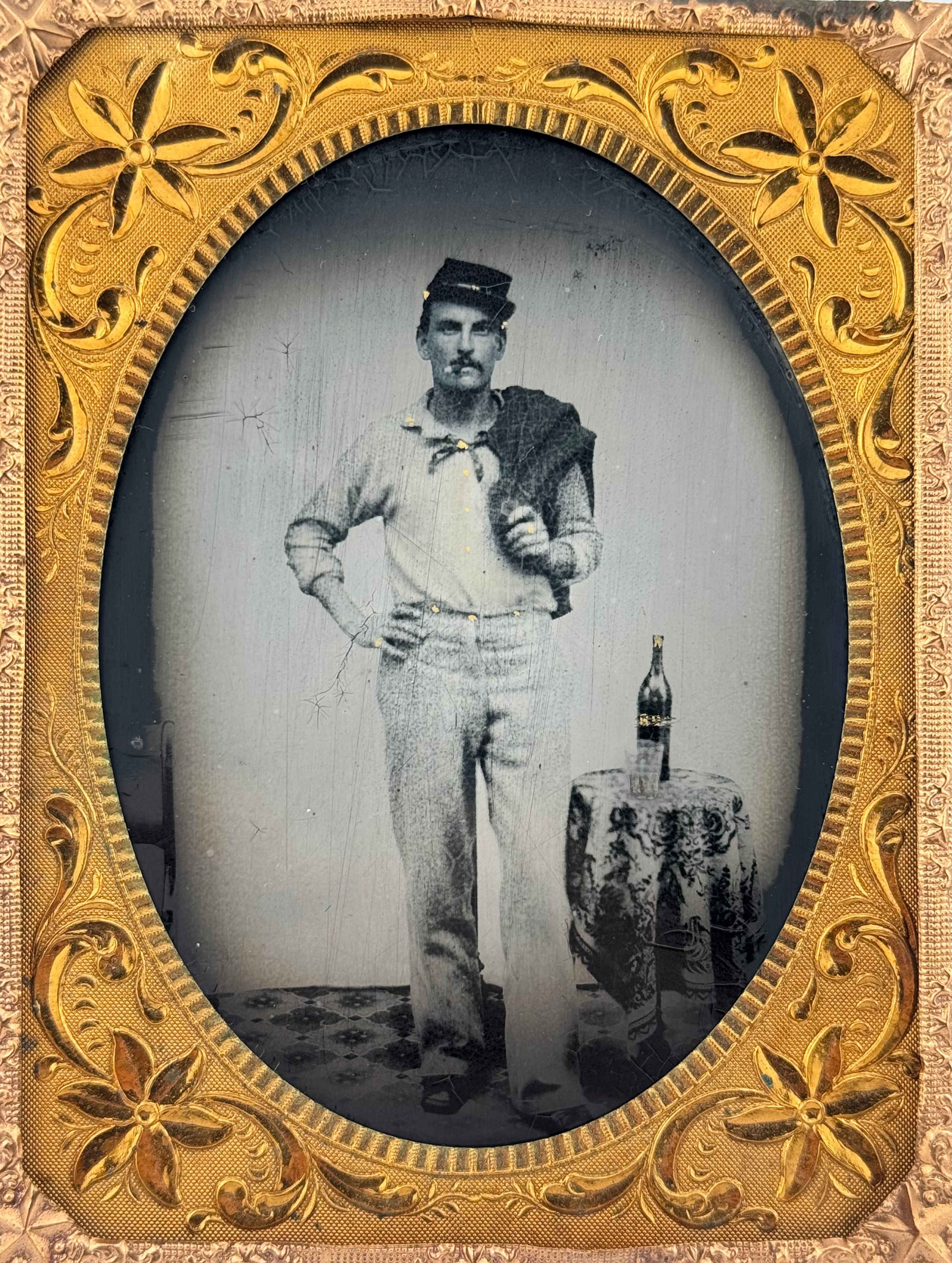 1/4 Plate Tintype of A Drinking Federal Soldier with Bottle and Whiskey Glass