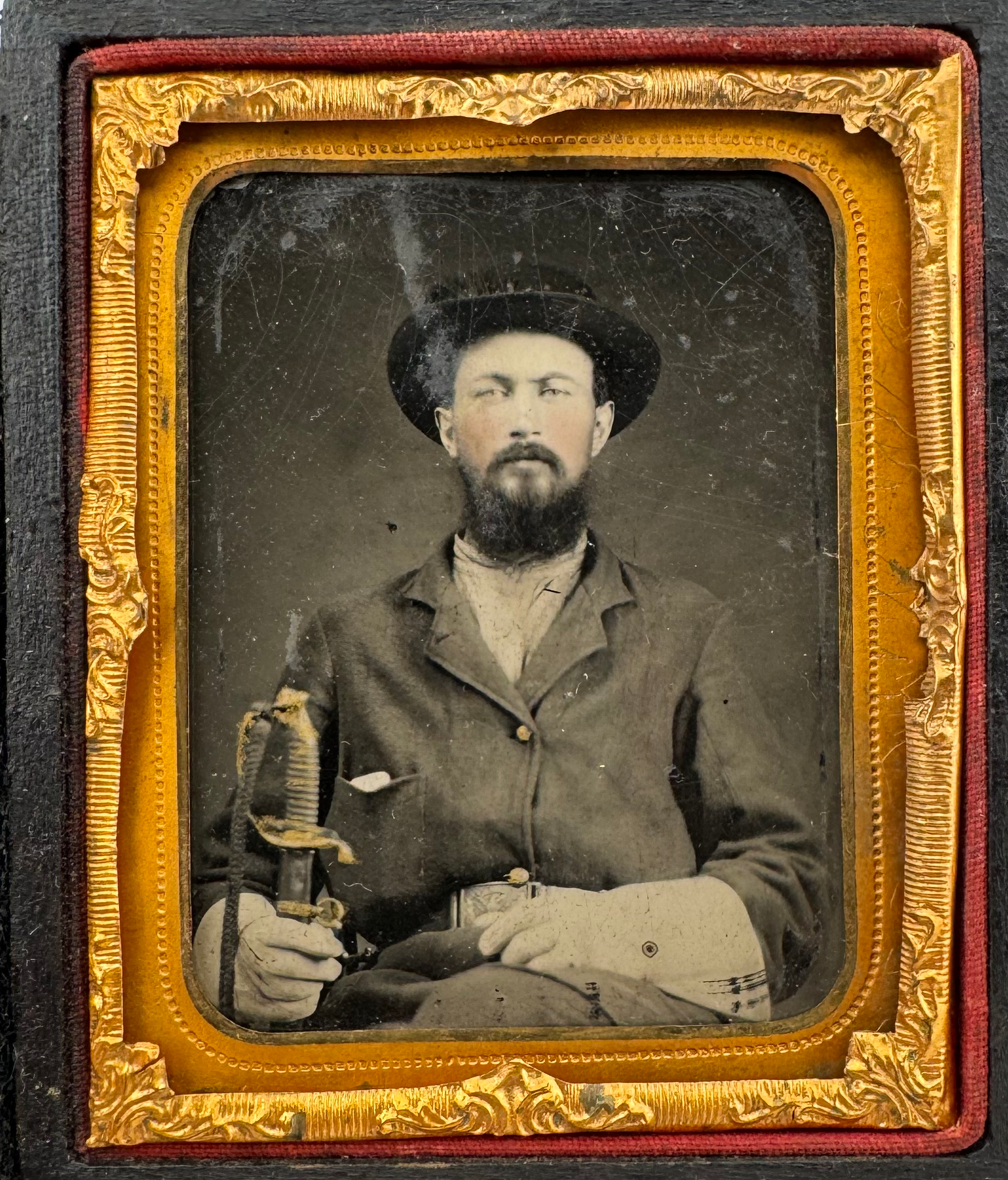 1/9th Plate Tintype of a Confident Federal Soldier with Saber and Gauntlets