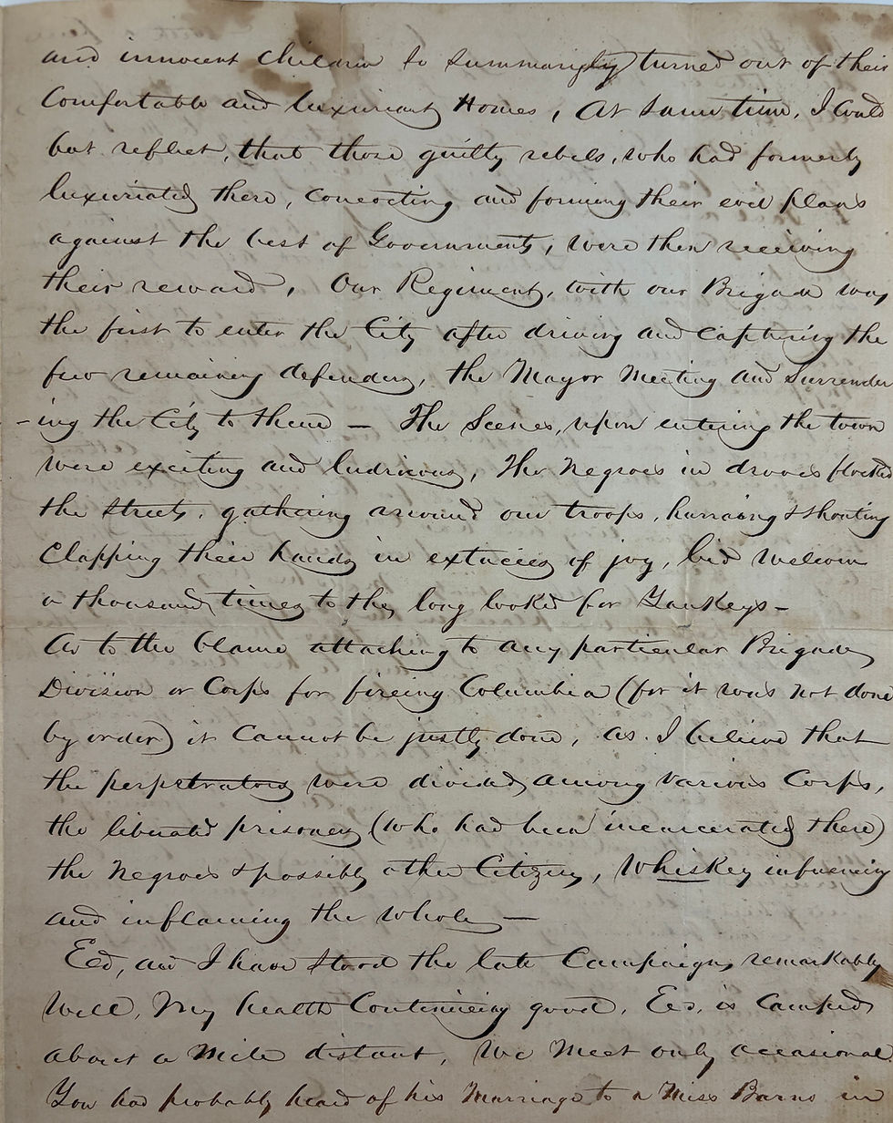 Thumbnail: Civil War Letter Burning of Columbia, Slave Content from 30th Iowa Inf. Soldier