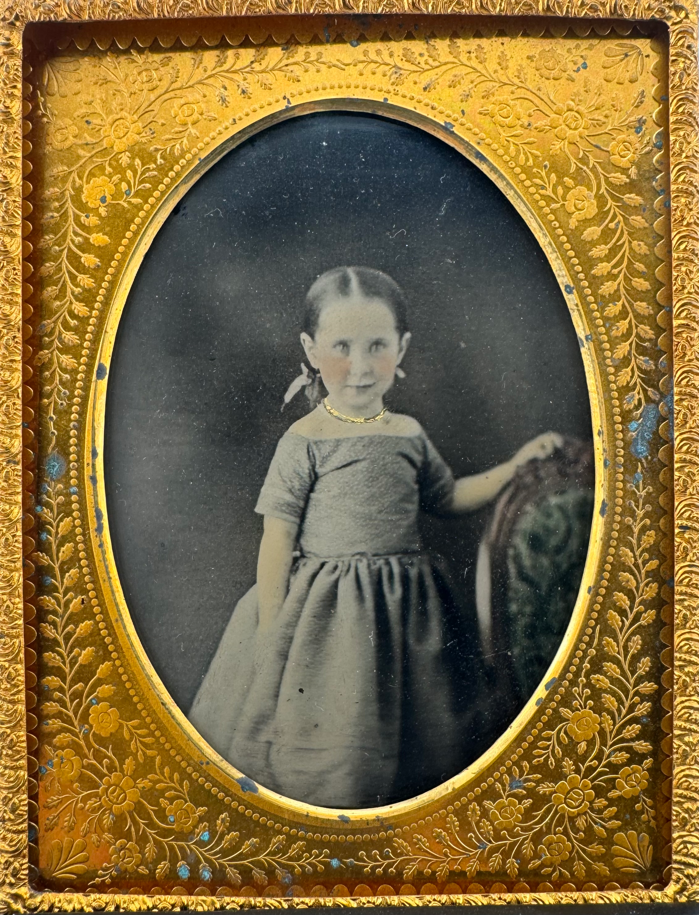 Uncased 1/4 Ambrotype of Adorable Little Girl with Tinting and Gold Necklace 
