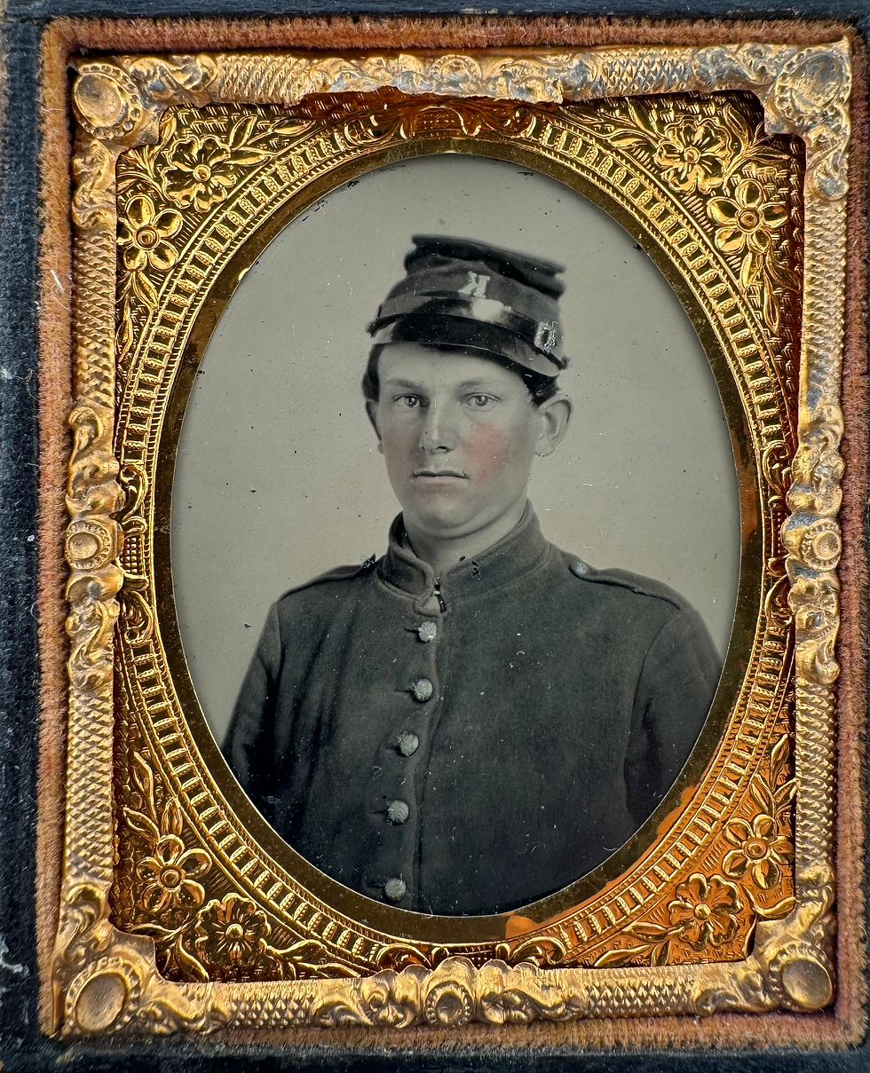 Thumbnail: 1/9th Plate Tintype of a Young Federal Soldier with Company K Badge 