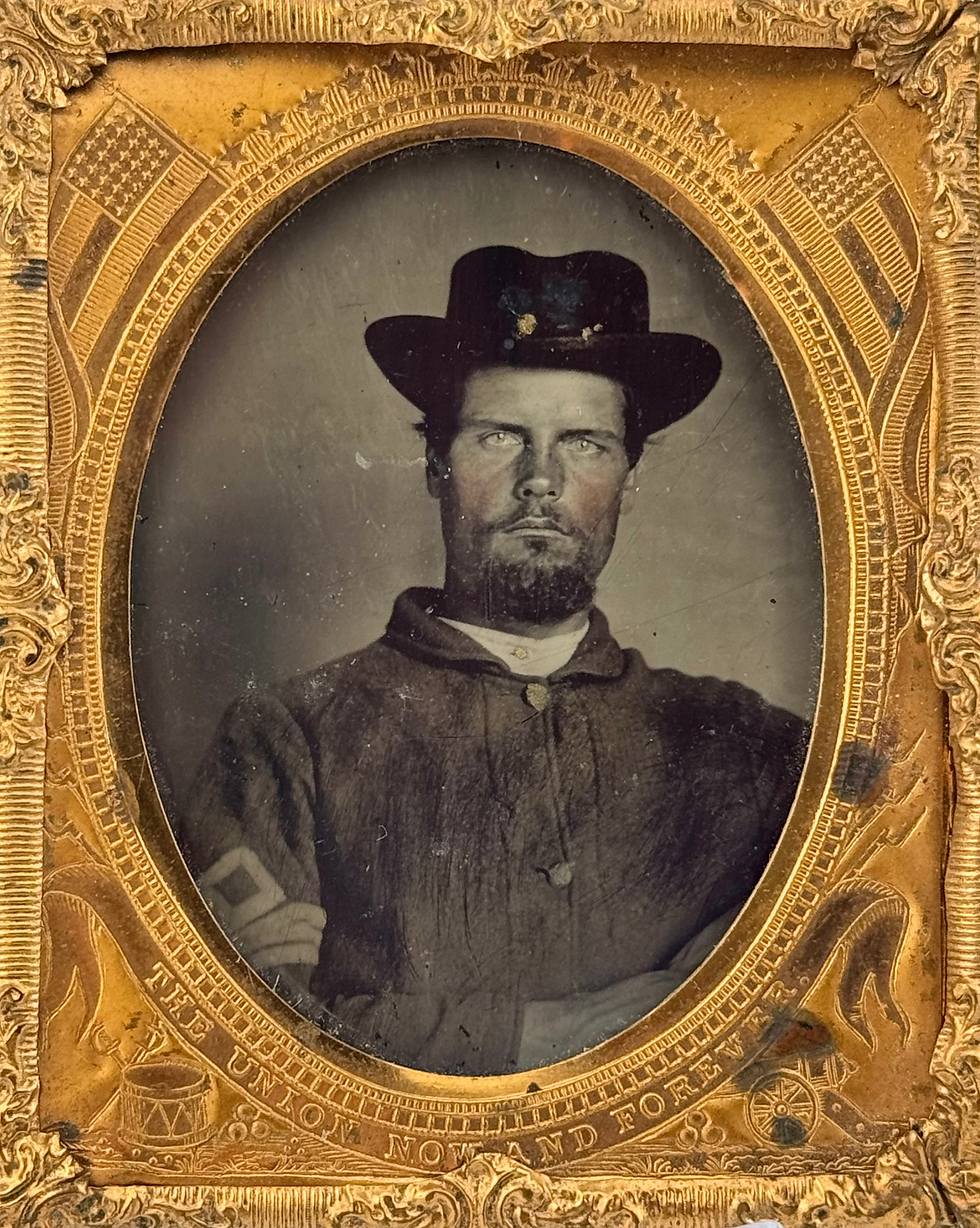 Sharp 1/9th Ambrotype of Federal 1st Sergeant with Patriotic Mat