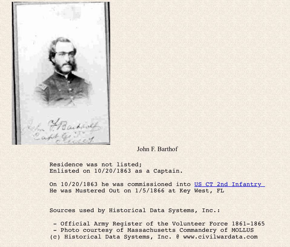 Thumbnail: CDV of Union officer John F. Barthof 2nd USCT Infantry with Key West FL Backmark