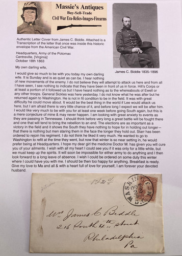 Authentic Letters Authentic letter COVER from James C. Biddle with Transcript of Letter ...