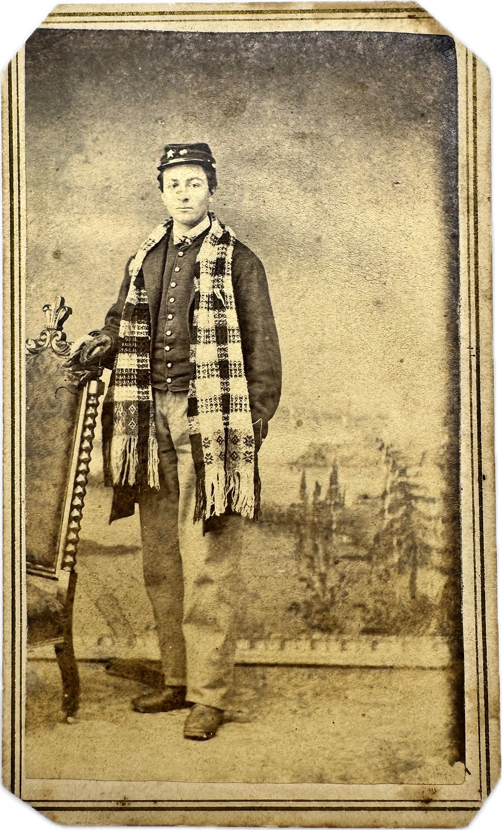 CDV of Union Soldier with Plaid Shaw with a Jas. M. Dow Backmark