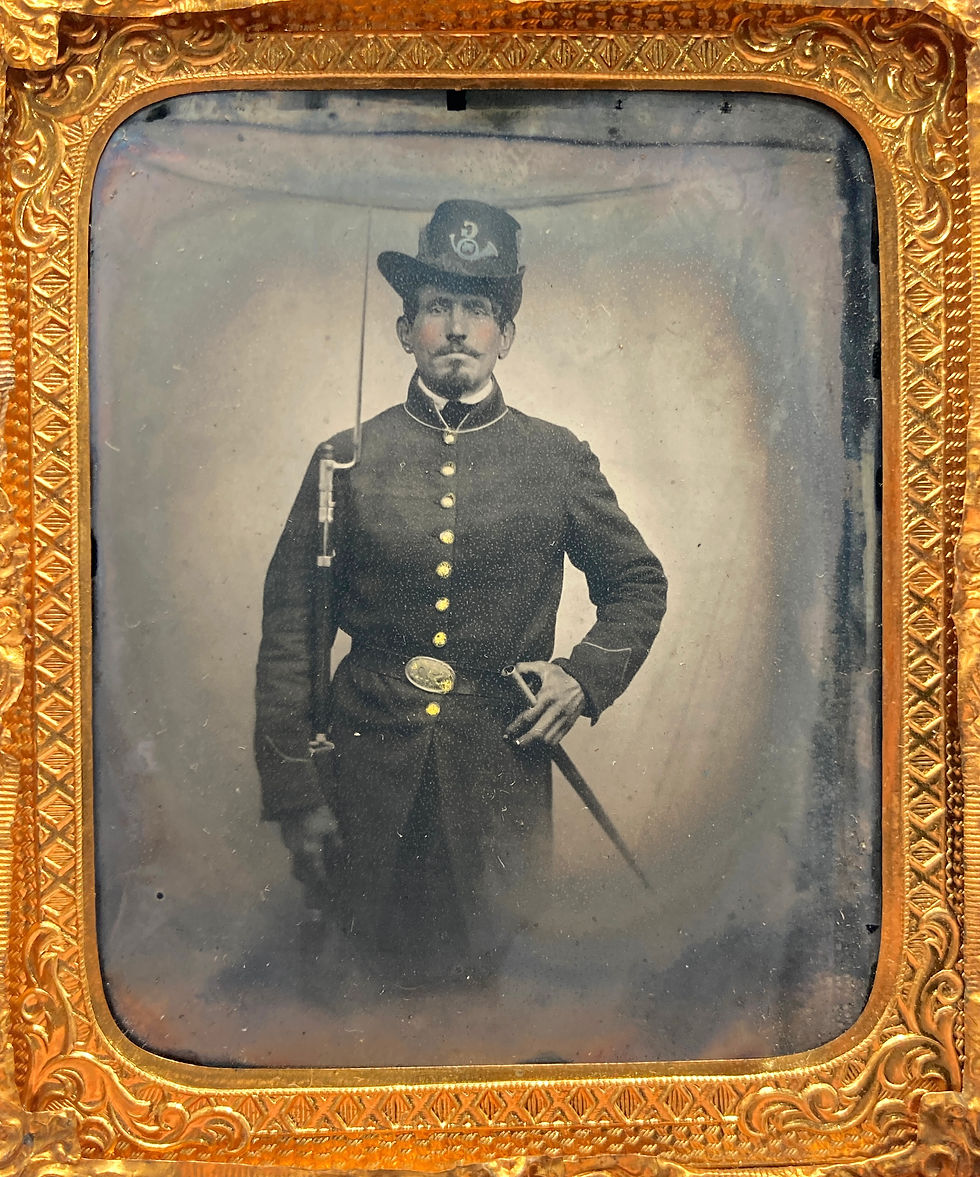 Thumbnail: 1/6th Plate Ambrotype of Federal Soldier Wearing Hardy Hat With maybe Earings?
