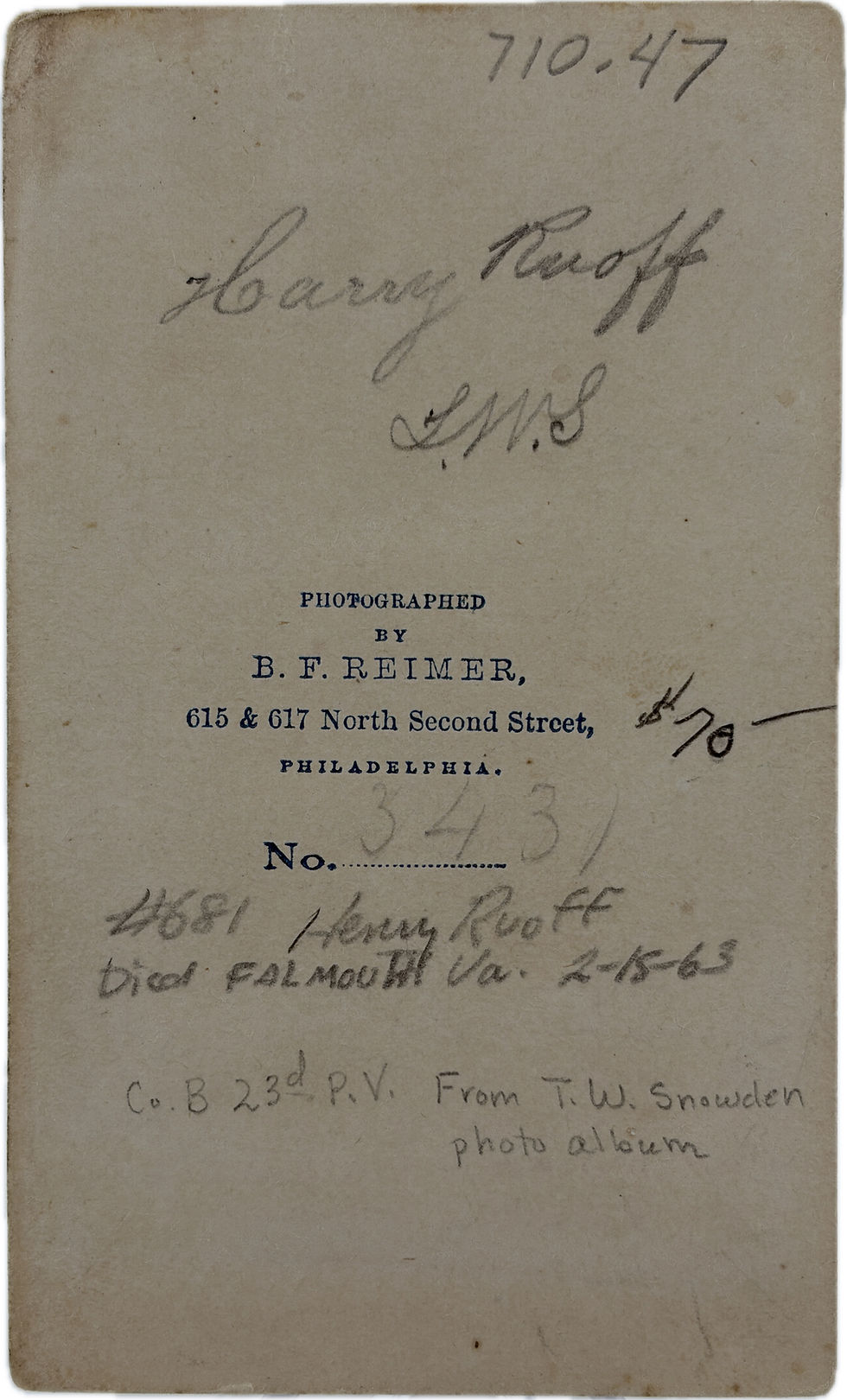 Thumbnail: CDV of Pvt. Henry Ruoff of the 23rd Pennsylvania Infantry in Civilian Clothing