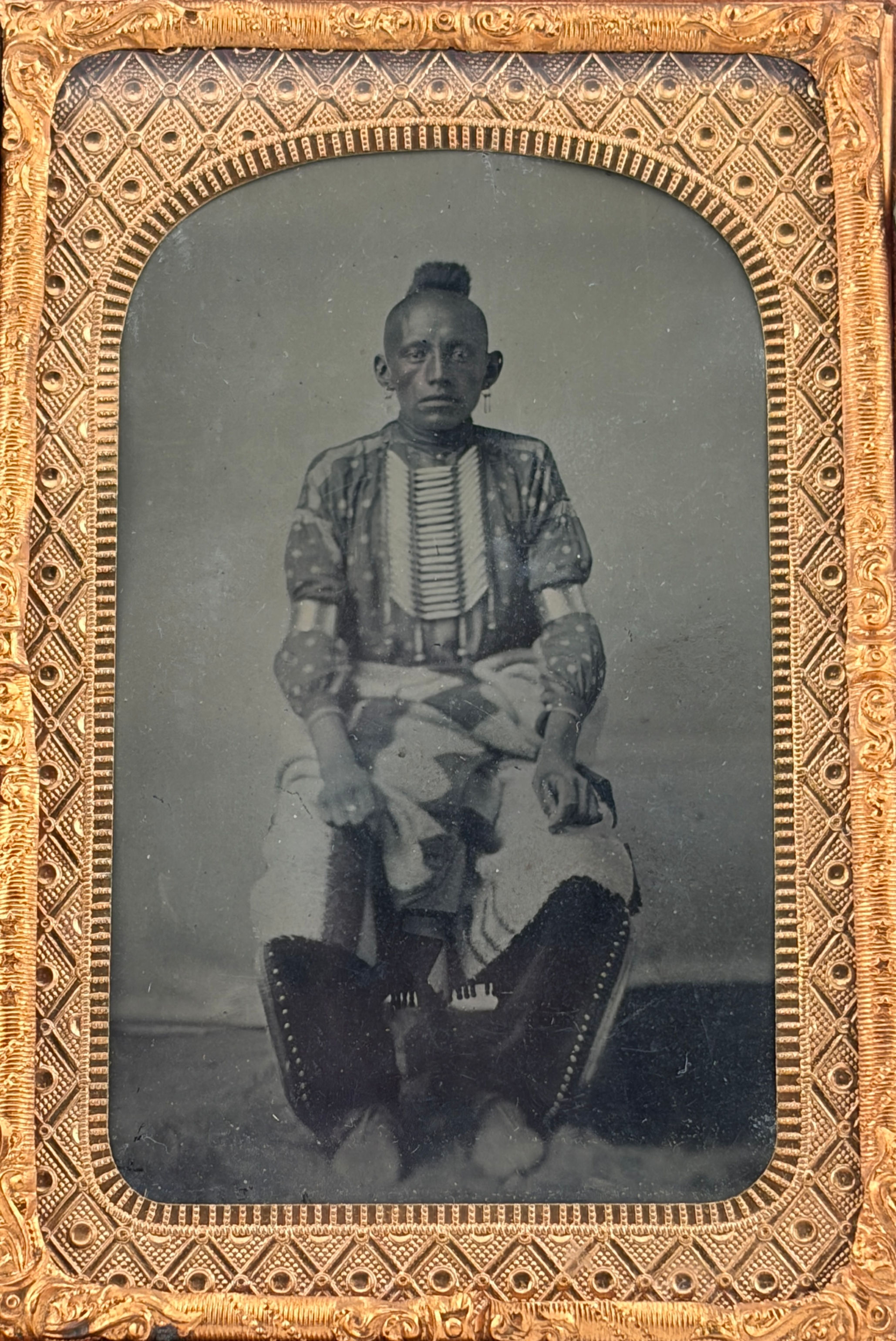 Rare 1/8th Plate Tintype of a Seated Pawnee Man in Traditional Attire