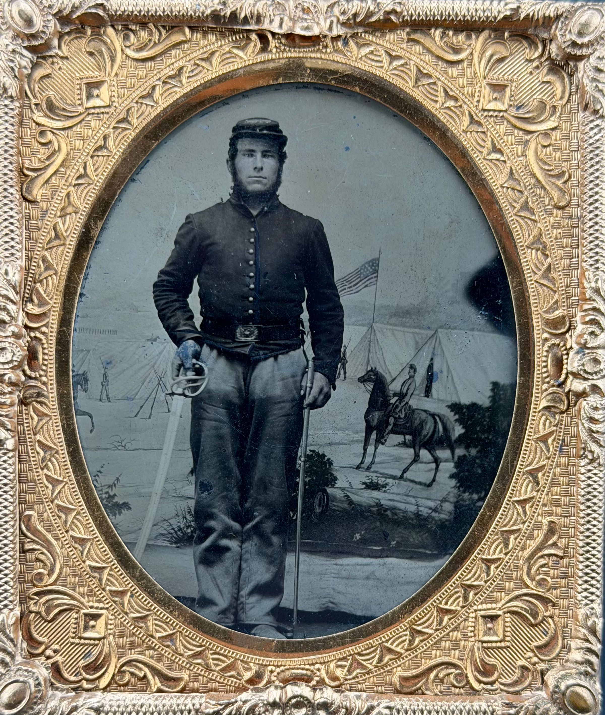 1/6th Plate Tintype of Full Standing Federal Cavalry Soldier in Patriotic Thermo