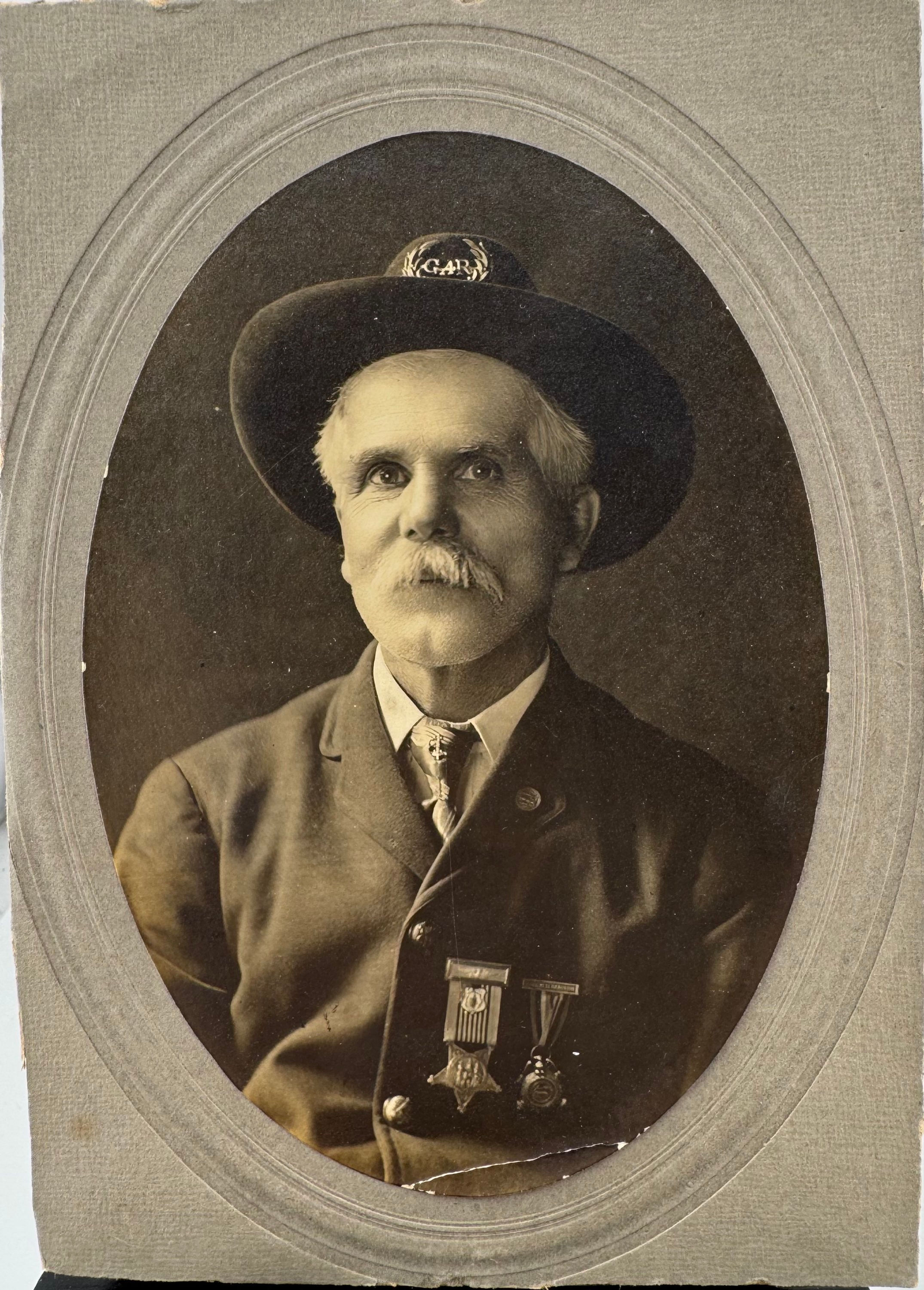 Civil War Veteran Wearing Medals and GAR Badge Trimmed Cabinet Card 