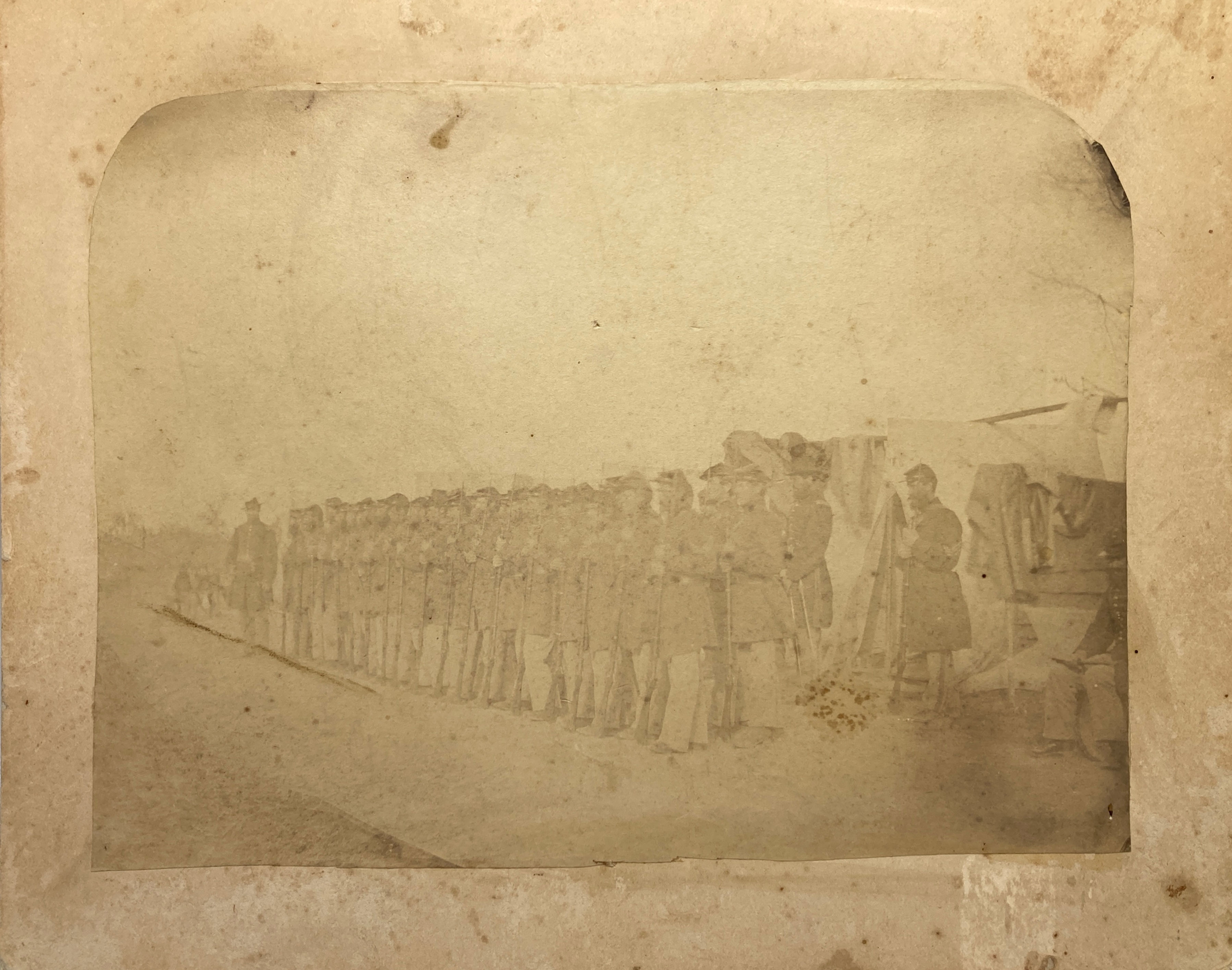 Federal Soldiers in Formation with Rifles and Camp Scene Albumen