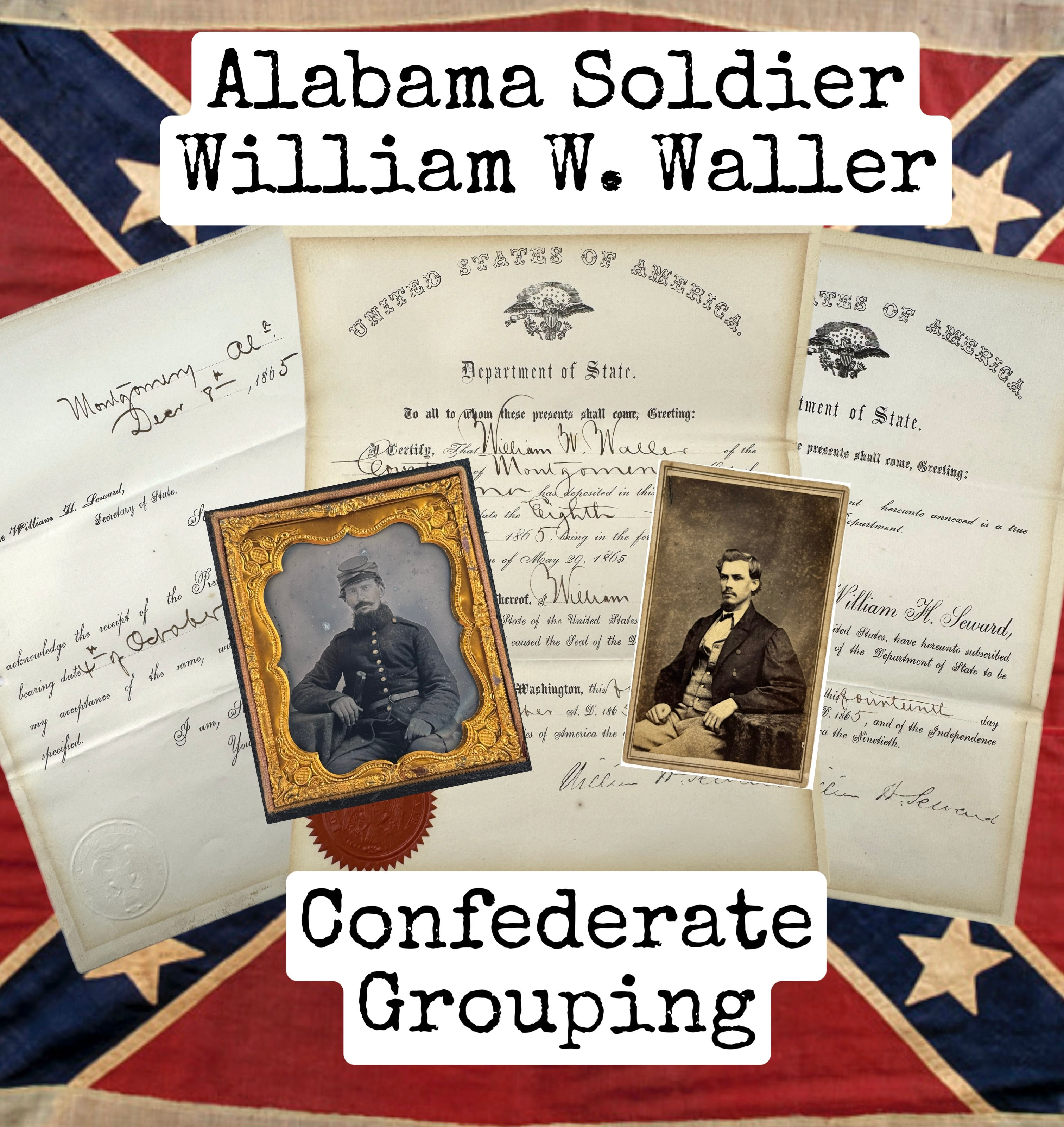 Grouping of William W. Waller 1/6th Ambrotype with Bowie, CDV and Documents