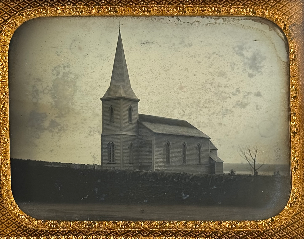 1/4 Plate Daguerreotype of Outdoor Scene of Early Church and Stonewall
