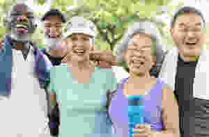 A group of senior citizens are exercising together to create a safe and fun workout routine to help improve their brain health and reduce cognitive decline.