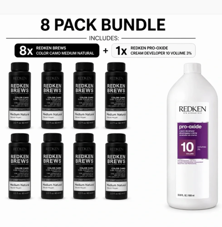 8x Redken Brews Color Camo Medium Natural + 10 Vol Developer Kit