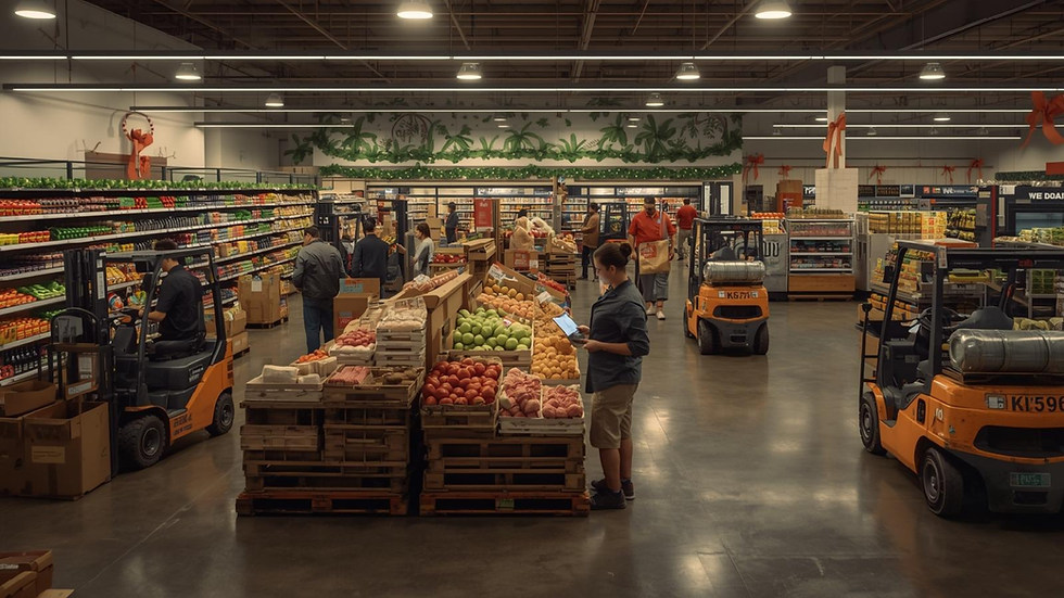 x03 Alltemp HVAC-R Air Conditioning Refrigeration Install Repair Maintenance Hawaiian grocery store back-office during the holiday rush, staff managing inventory, scanning fresh produce, restocking shelves