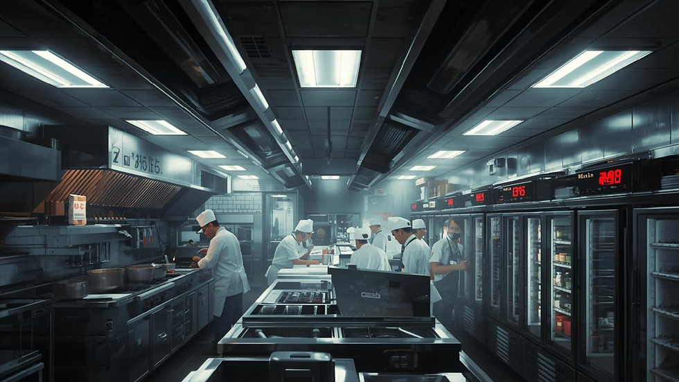 01 Alltemp HVAC-R Air Conditioning Refrigeration Install Repair Maintenance inside a busy commercial kitchen during peak hours, chefs working under bright lights, HVAC vents 