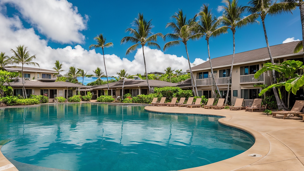 Tropical resort in Maui with a large curved swimming pool, surrounded by lounge chairs, lush green landscaping, and tall palm trees, with two-story vacation rental buildings under a bright blue sky with scattered clouds.