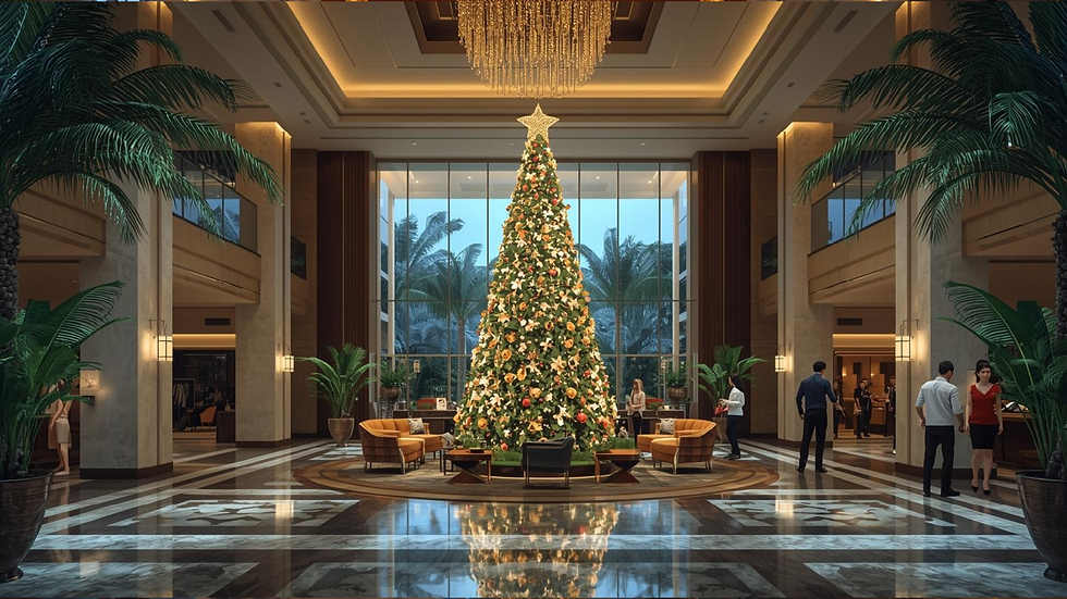 x02 Alltemp HVAC-R Air Conditioning Refrigeration Install Repair Maintenance Hawaiian hotel lobby during Christmas, with guests checking in, decorated Christmas tree