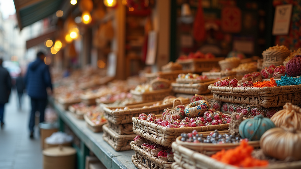 Eye-level view of a vibrant market stall filled with handmade crafts