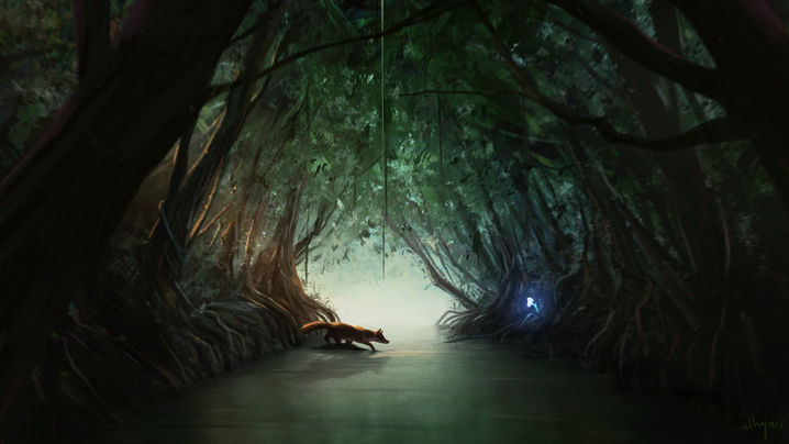 Freelance Illustrator & Digital Artist . Narrative digital painting of a fox approaching a glowing flower in a mangrove tunnel, crossing the water throughout the painting's threshold. This artwork was painted digitally in Procreate by freelance digital artist and children's book illustrator "Muhammad at-Tayieb" al-Hyari (www.alhyari.art)
