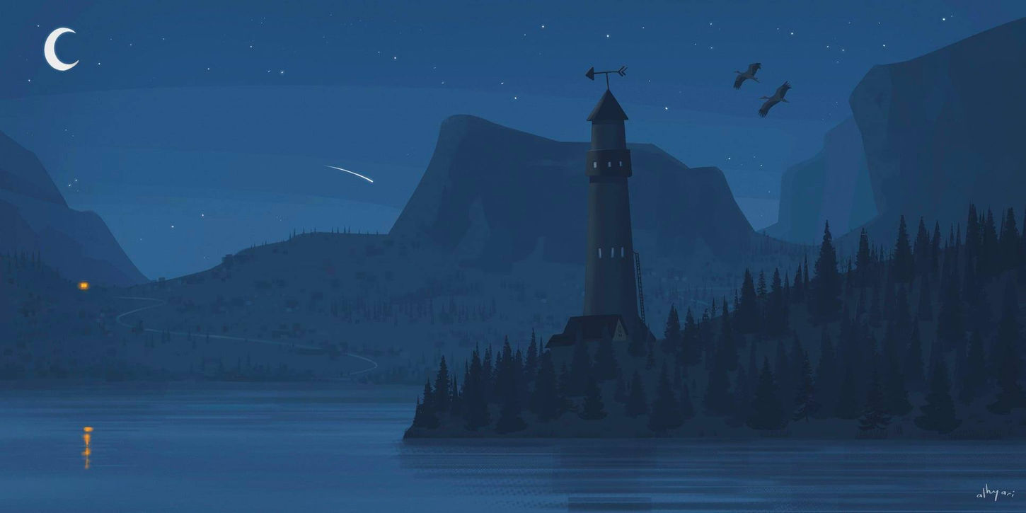 Digital landscape painting of a town in darkness, lit by moonlight. We see the ocean and some mountains in the back. We see a lighthouse and birds above a forest in the front near the water. And we see a single light on the faraway mountain. Children's book illustration by Alhyari Art, freelance digital artist, cartoonist, caricaturist and illustrator based in Khobar, Saudi Arabia. Services offered in GCC region. رسم منظر طبيعي لكتاب أطفال بعنوان "إيلا الغوريلا". نرى في الرسم منظراً ليلياً لقرية وادعة مع منارة قرب المحيط ومجموعة من الطيور فوق الغابة، كما نرى نوراً وحيداً على جبل بعيد تحت ضوء القمر. رسم رقمي للفنان محمد الطيب الحياري، الحياري آرت فنان رقمي مختص بتقديم خدمات الفن الرقمي، والكاريكاتير ورسم الكرتون ورسم قصص الأطفال في السعودية والإمارات وقطر وعمان والبحرين والكويت والأردن وسائر أرجاء العالم.