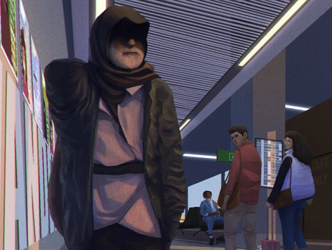 digital narrative painting by freelance digital artist Alhyari, it shows many people in an airport at sunset with their eyes looking at one direction (in the picture we see an old arab man looking up with his eyes hidden in the shadwos. Two young figures in the back are looking at him.)