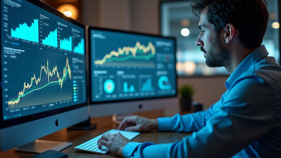 Eye-level view of a data analyst reviewing AI performance metrics