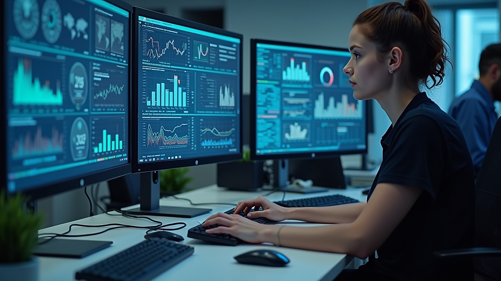 Eye-level view of a modern office workspace with multiple computer screens displaying AI data analytics