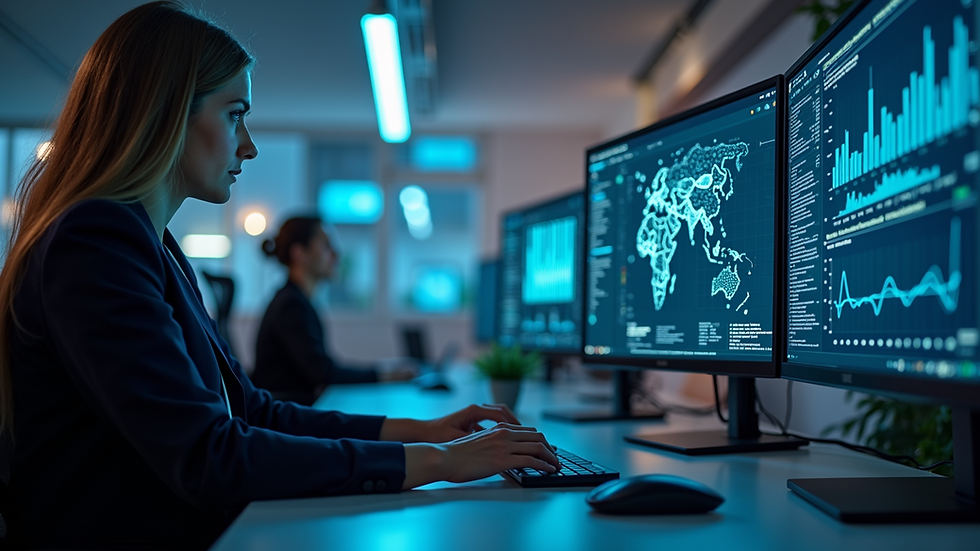 Eye-level view of a modern office workspace with multiple computer screens showing AI data analytics