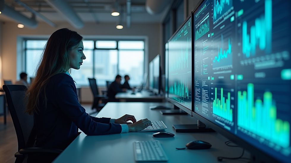 Eye-level view of a modern office with AI-powered data visualization screens