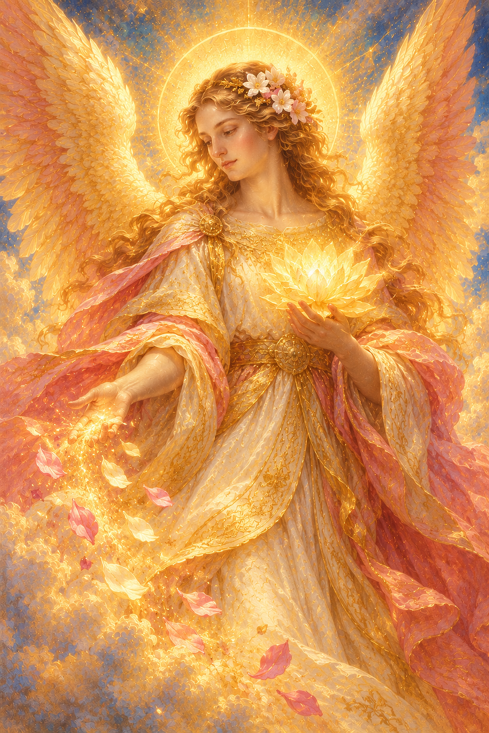Représentation de l’Archange Jophiel, vêtue d’une robe rose et blanche ornée de broderies dorées, aux grandes ailes lumineuses déployées. Entourée d’une lumière dorée, les yeux délicatement fermés, elle incarne la beauté, la douceur, l’harmonie intérieure et la transformation du regard sur soi.