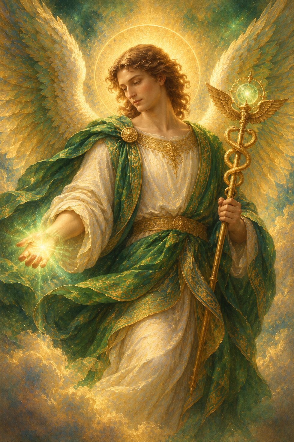 Représentation de l’Archange Raphaël, vêtu de blanc, de vert émeraude et d’or, déployant ses grandes ailes lumineuses au milieu des nuages. Il tend une main accueillante et tient un bâton doré entouré d’un serpent, symboles de guérison, de protection, d’amour et de réconfort.