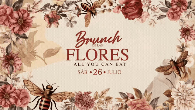 Flyer promocional de Brunch All You Can Eat en Campo dei Fiori Bogotá, sábado 26 de julio, con música en vivo, arte y cocteles botánicos.