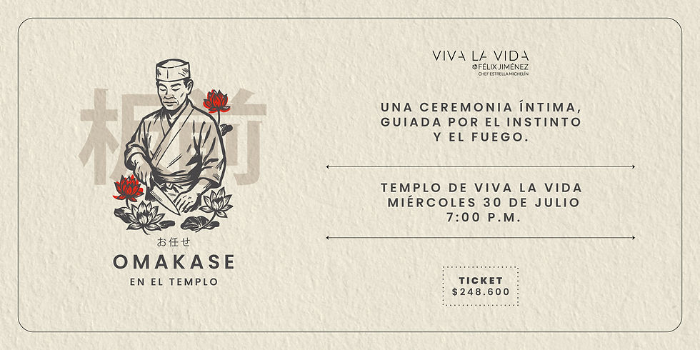 Flyer promocional de la cena Omakase en Bogotá del 30 de julio en Viva la Vida, con detalles del evento, fecha, hora y dirección.