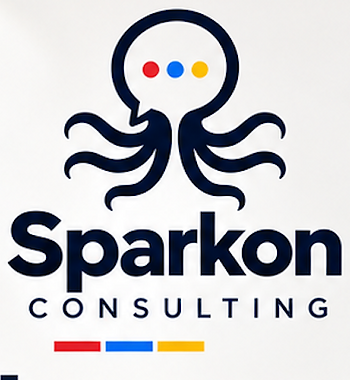 Sparkon Consulting logo with a navy octopus and red, blue, and yellow accents