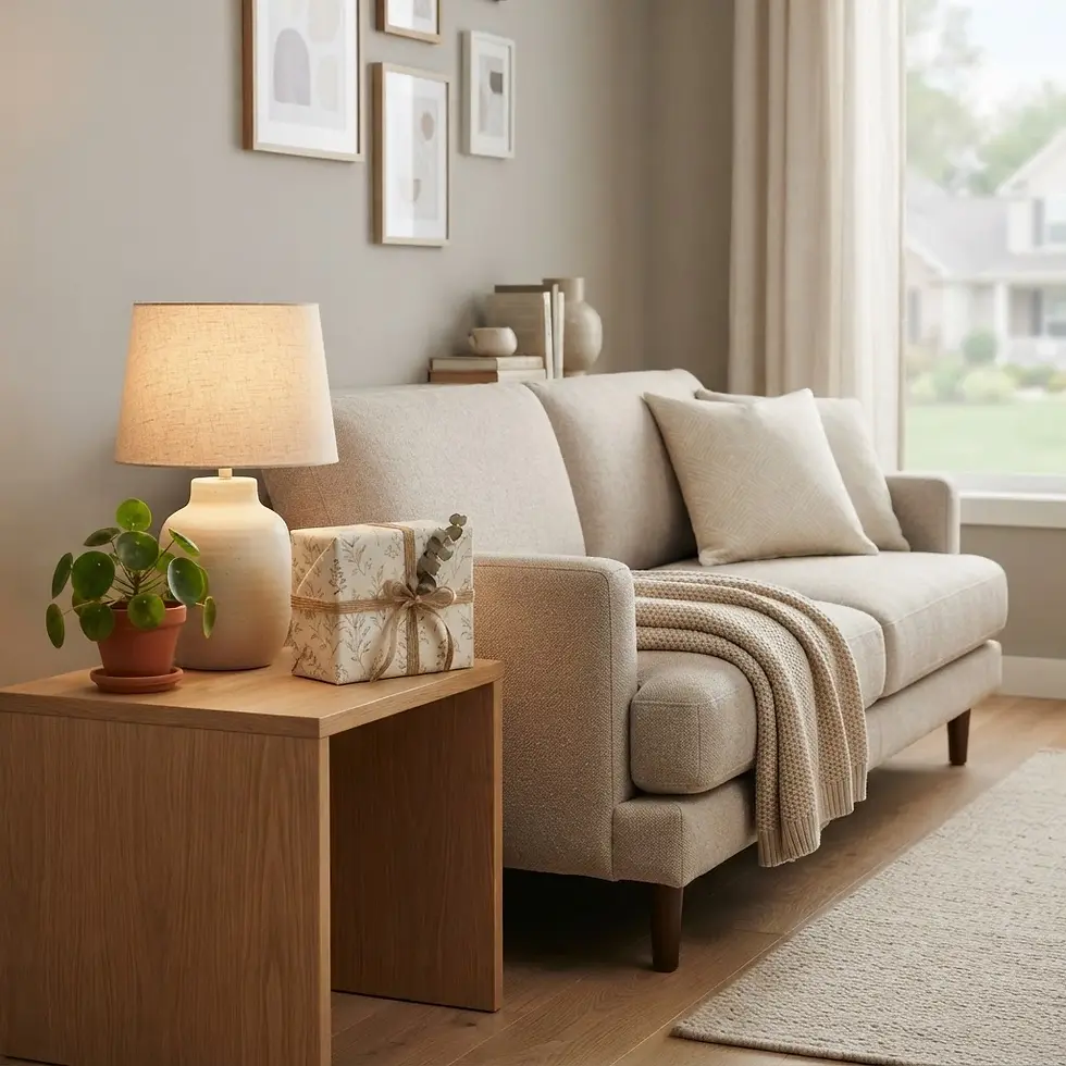Wrapped present on a side table, perfect for gift ideas.